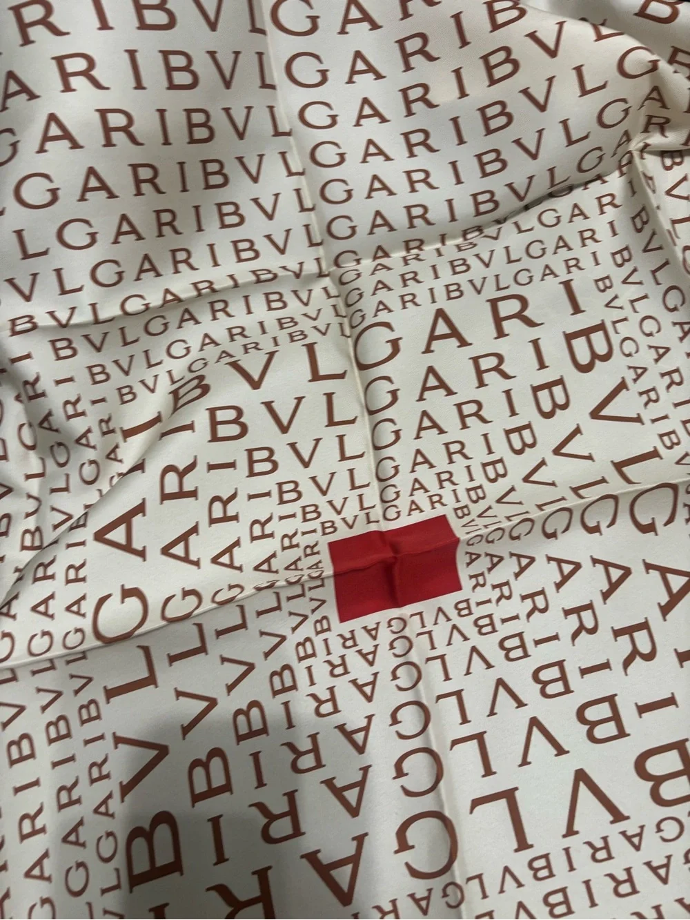 Bulgari Cream Silk Scarf with Brown Logo and Red Edge
